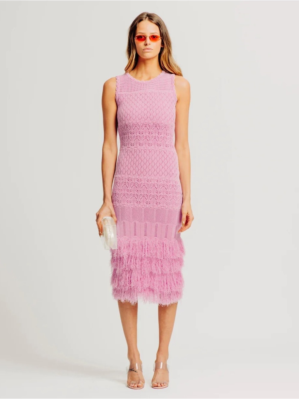 Ronny Kobo Collection Lilac Knit Maxi Dress with fringe feathered Hem